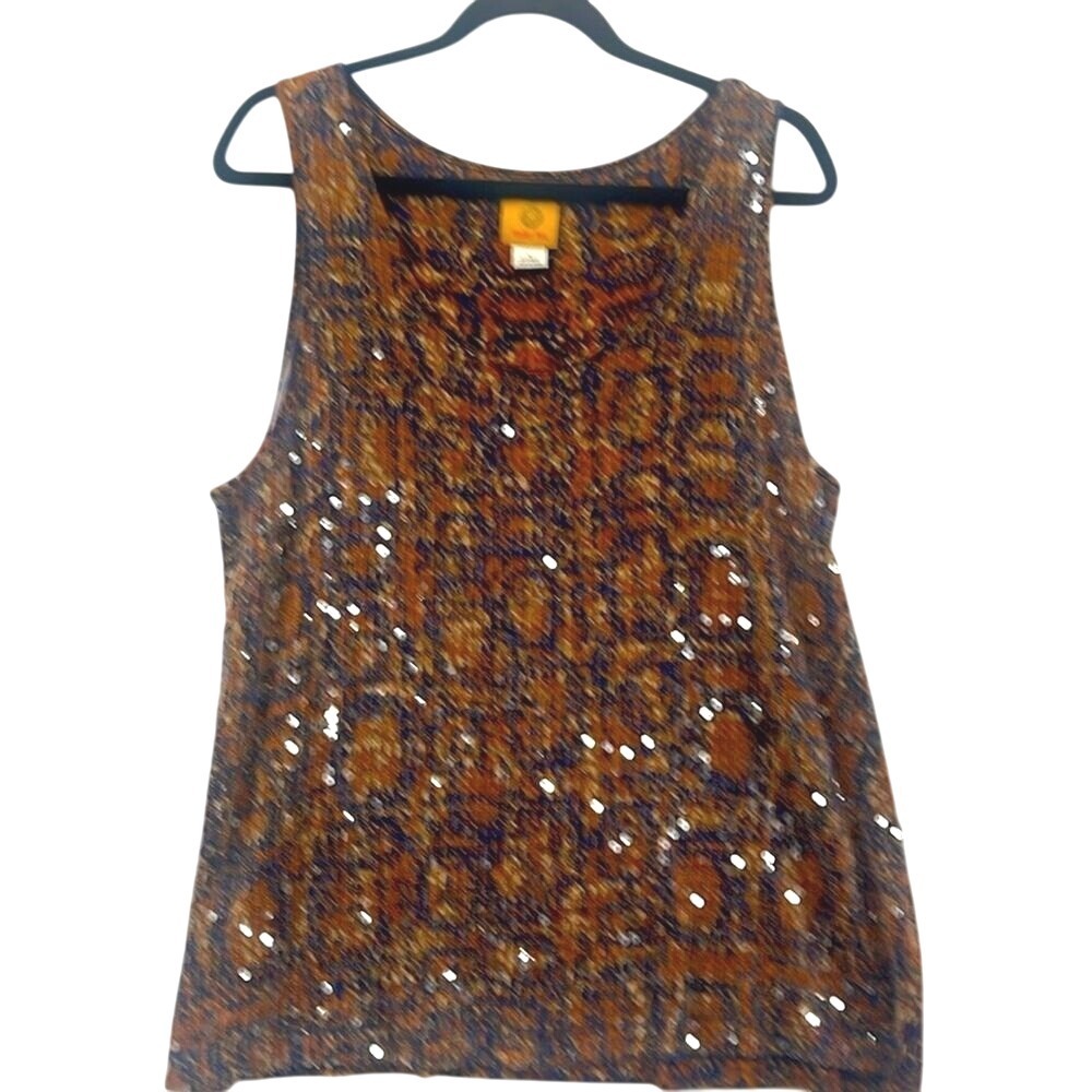 Ruby Rd Women's Tank Top L‎ Brown Blue Snake Print Sequin Sleeveless